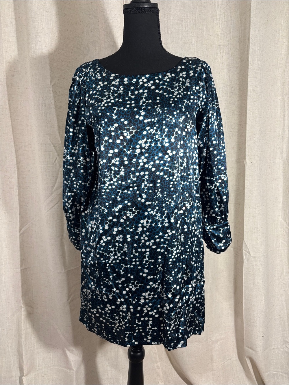 Veronica M Navy Blue, Black and White Dot Silky Long Sleeve Shift Dress